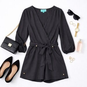 Southern Frock Black Wrap Romper V-Neck Tie Waist Gold Button Detail Sz Lg
Luxe